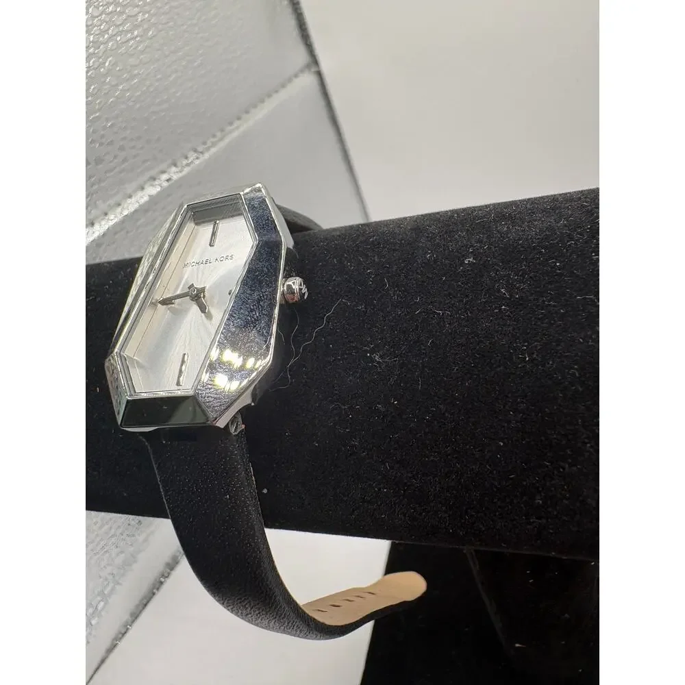 Michael Kors Watch Silver Geometric Case Black Leather Strap